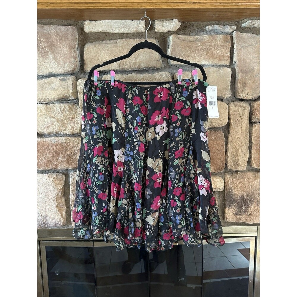 NWT VTG Lauren Ralph Lauren Women 16 Chiffon Midi Fairy Skirt Floral Black $125